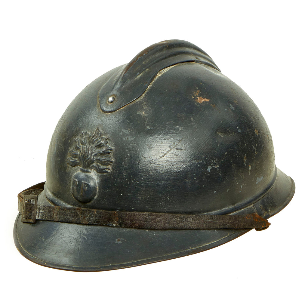 Original French WWI Issue Model 1915 Adrian Helmet in Horizon Blue with RF Badge and Early First Pattern Liner - Complete Original Items