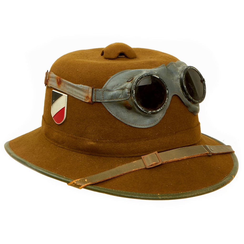 Original German WWII 1942 dated 2nd Model Afrikakorps DAK Sun Helmet by APN with Badges & Ultrasin Goggles - size 59 Original Items