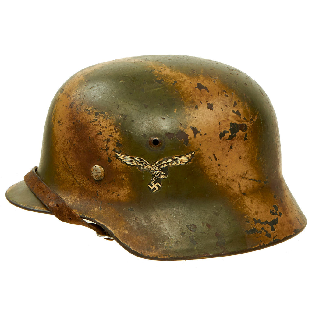 Original German WWII Luftwaffe M35 Double Decal "Normandy" Camouflage Steel Helmet with 57cm Liner & Chinstrap - marked ET64 Original Items