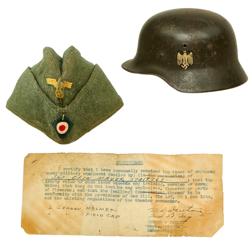 Original German WWII Documented USGI Bring Back Set - Army Heer M40 Single Decal Helmet & Kriegsmarine Coastal Artillery M38 Cap Original Items