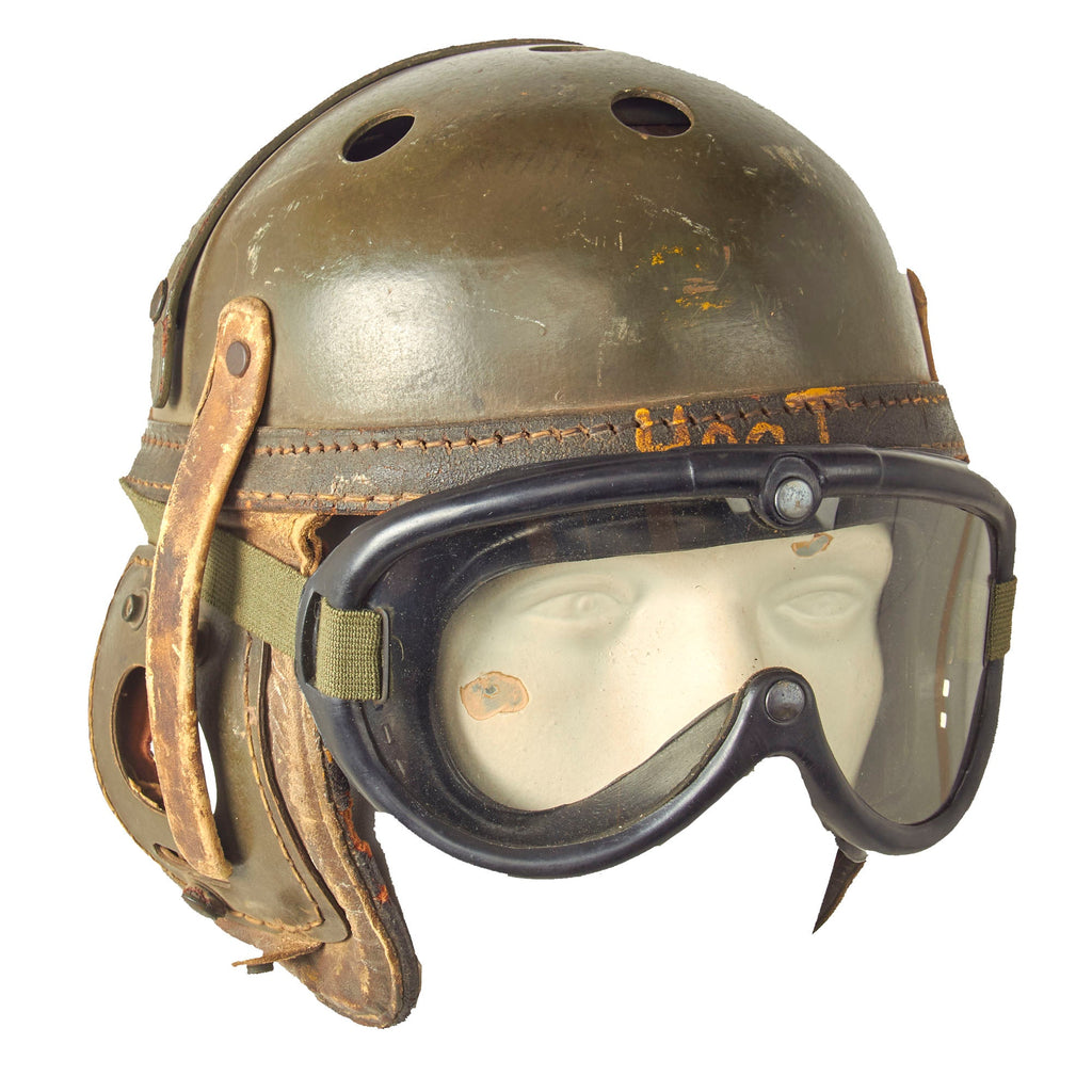 Original U.S. WWII Service Worn M38 Tanker Helmet with M1944 Goggles Original Items