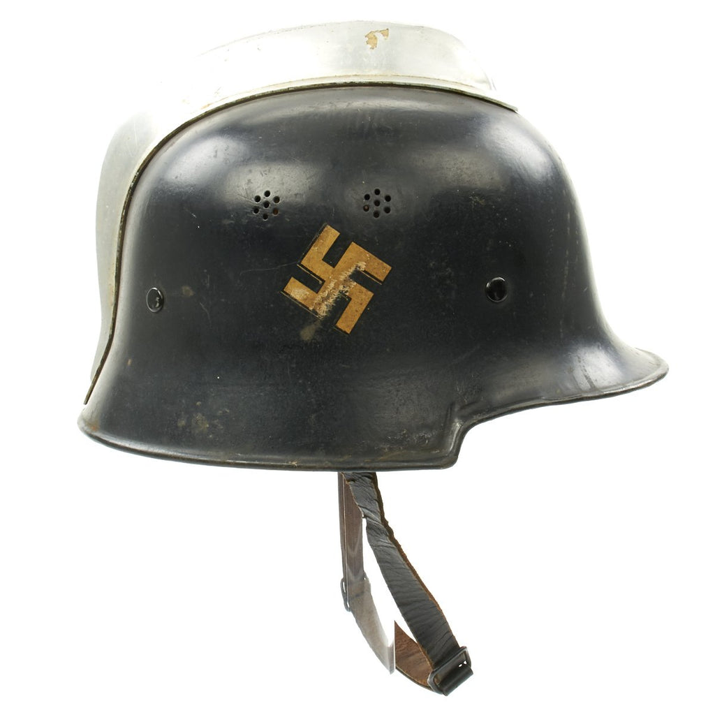 Original German Pre-WWII M34 Square Dip Early Style Fire Police Helmet with Double Decals - Size 57 1/2 Original Items
