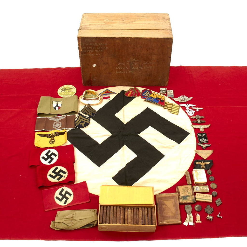 Original U.S. WWII Named Bring Back Grouping in Box - German Armbands, Medals, Flags, Cigars, Insignia Original Items