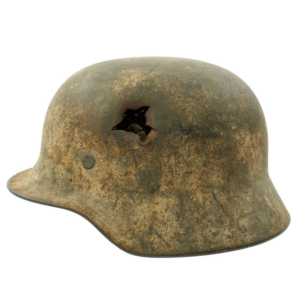 Original German WWII M40 KIA Shot Through Winter Camouflage Helmet - Marked EF64 Original Items