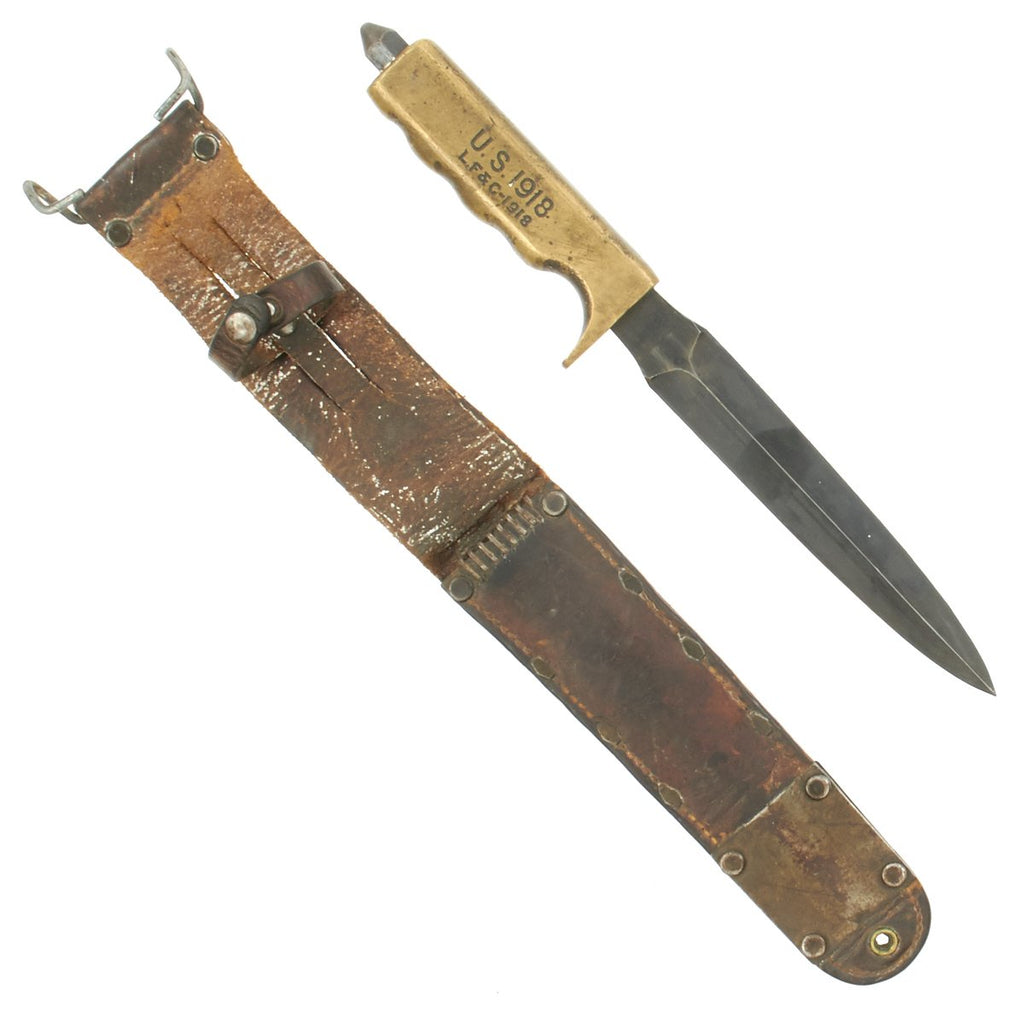 Original U.S. WWI Modified Model 1918 Mark I Trench Knife by L.F. & C. in M6 Leather Scabbard dated 1943 Original Items