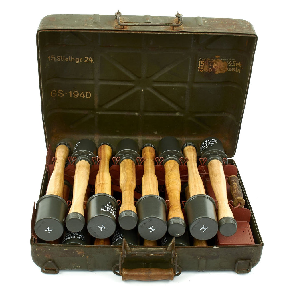 Original German WWII M24 Stick Grenade Case Dated 1940 with Internal Rack and Grenades Original Items