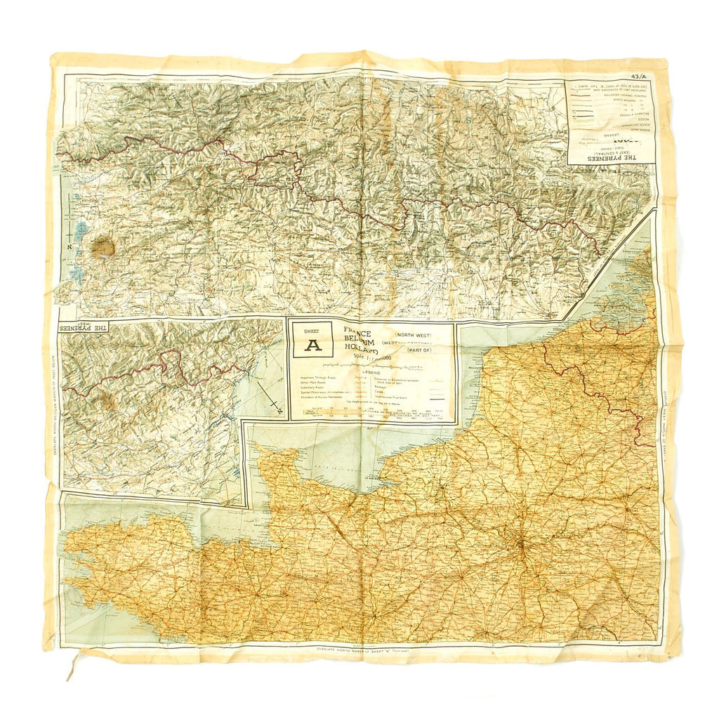 Original U.S. WWII Silk Escape Map of Western Europe 43/A 43/B Original Items