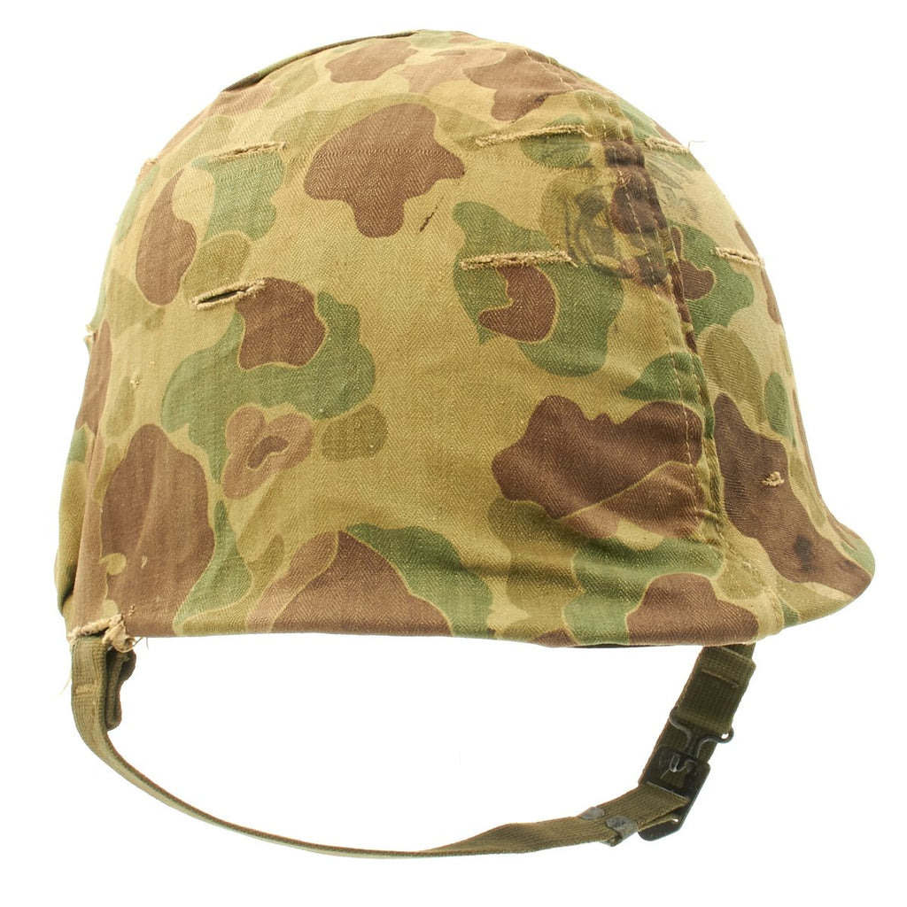 Original U.S. Late WWII M1 Schlueter Helmet with Hood Rubber Liner and 1953 Dated USMC Camo Cover Original Items
