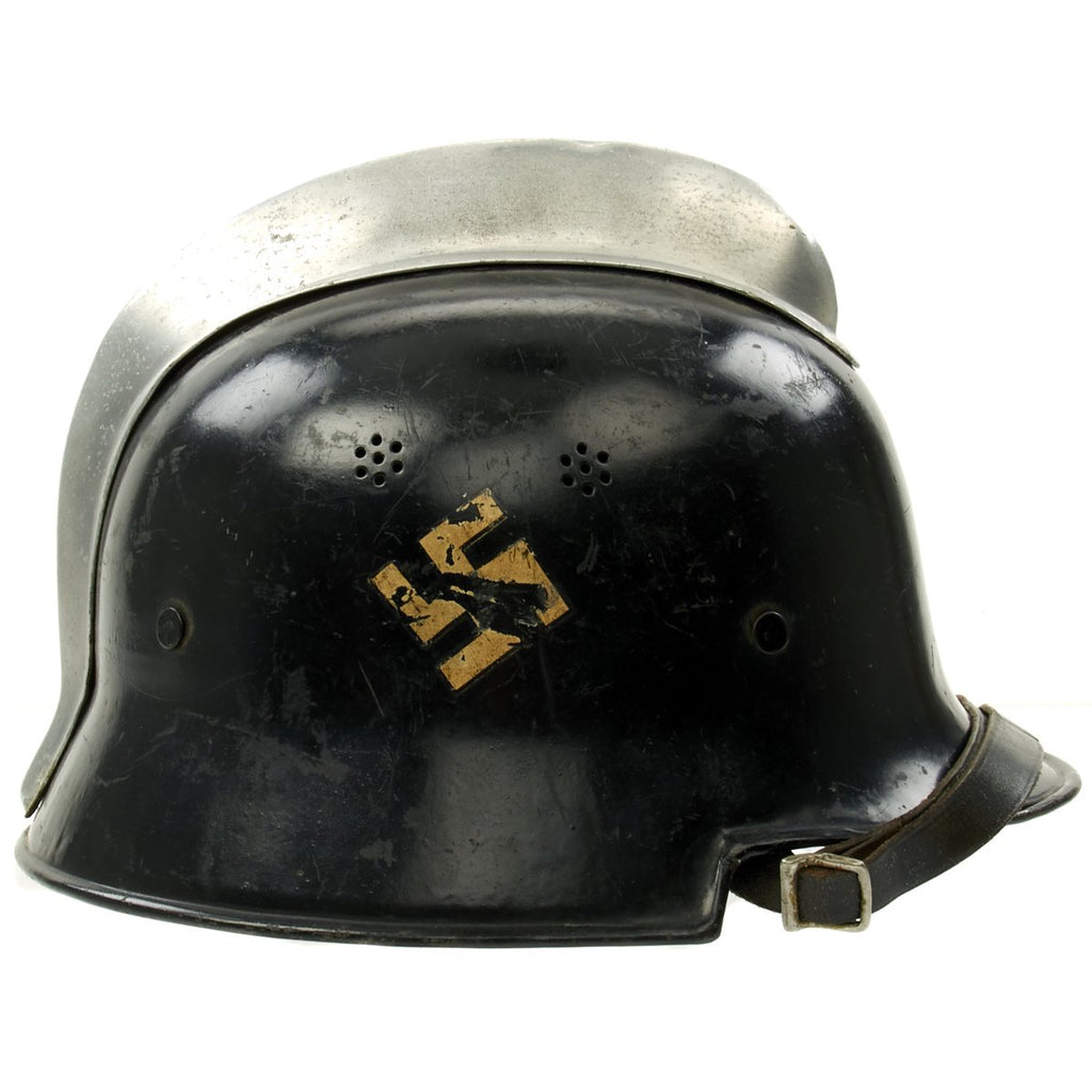 Original German Pre-WWII M34 Square Dip Early Style Fire Police Helmet with Double Decals - Size 56 Original Items
