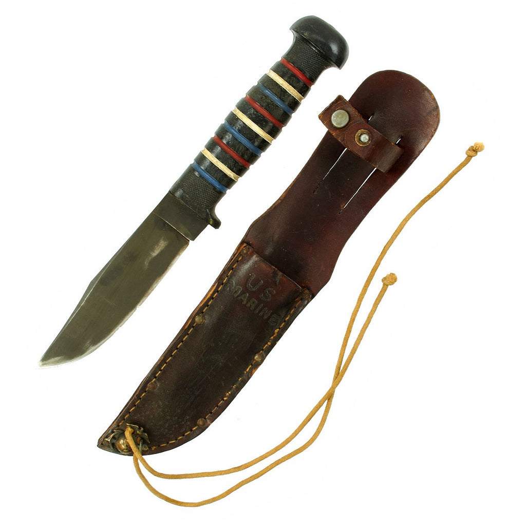 Original U.S. USMC Custom Fighting Knife with Named Leather Scabbard with EGA Badge Original Items