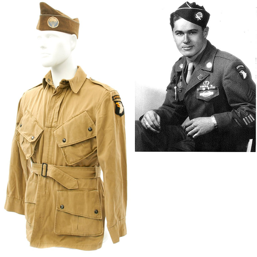 Original U.S. WWII 101st Airborne 506th PIR Named M42 Jump Jacket and Garrison Cap - Band of Brothers Original Items