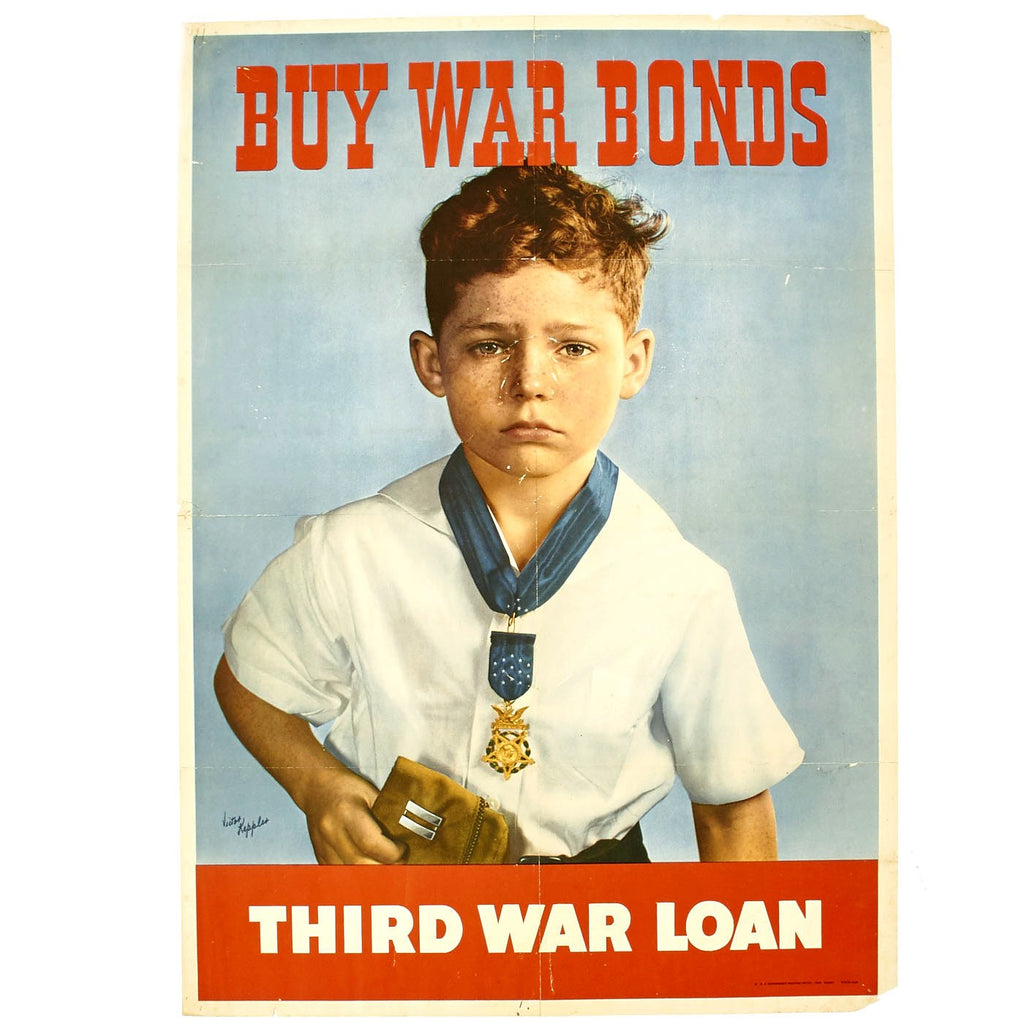Original U.S. WWII Buy War Bonds - Third War Loan Poster - Boy with Father's Medal of Honor Original Items