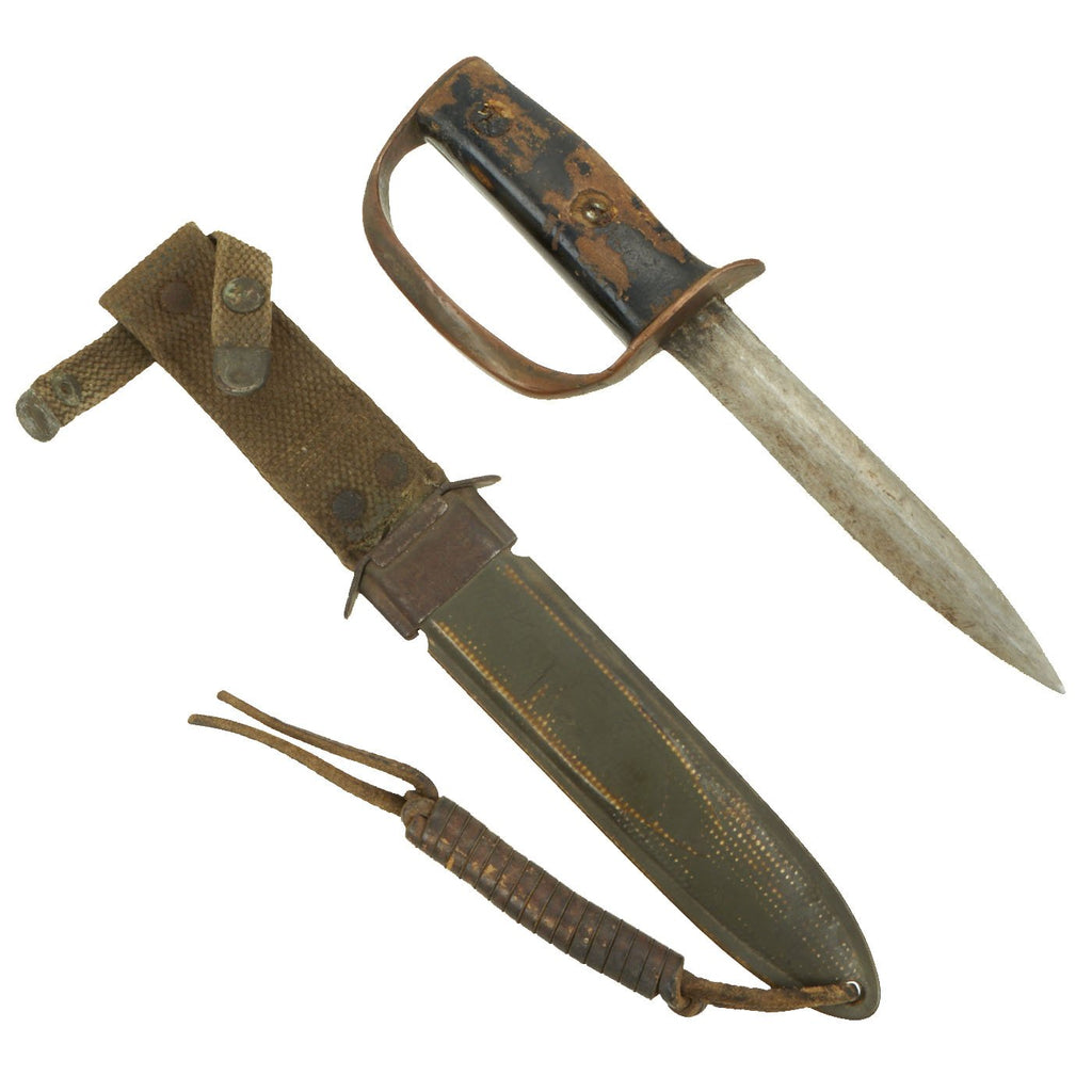 Original WWII GI Theater Made Fighting Knife with Bronze Knuckle Duster in M8 Scabbard Original Items