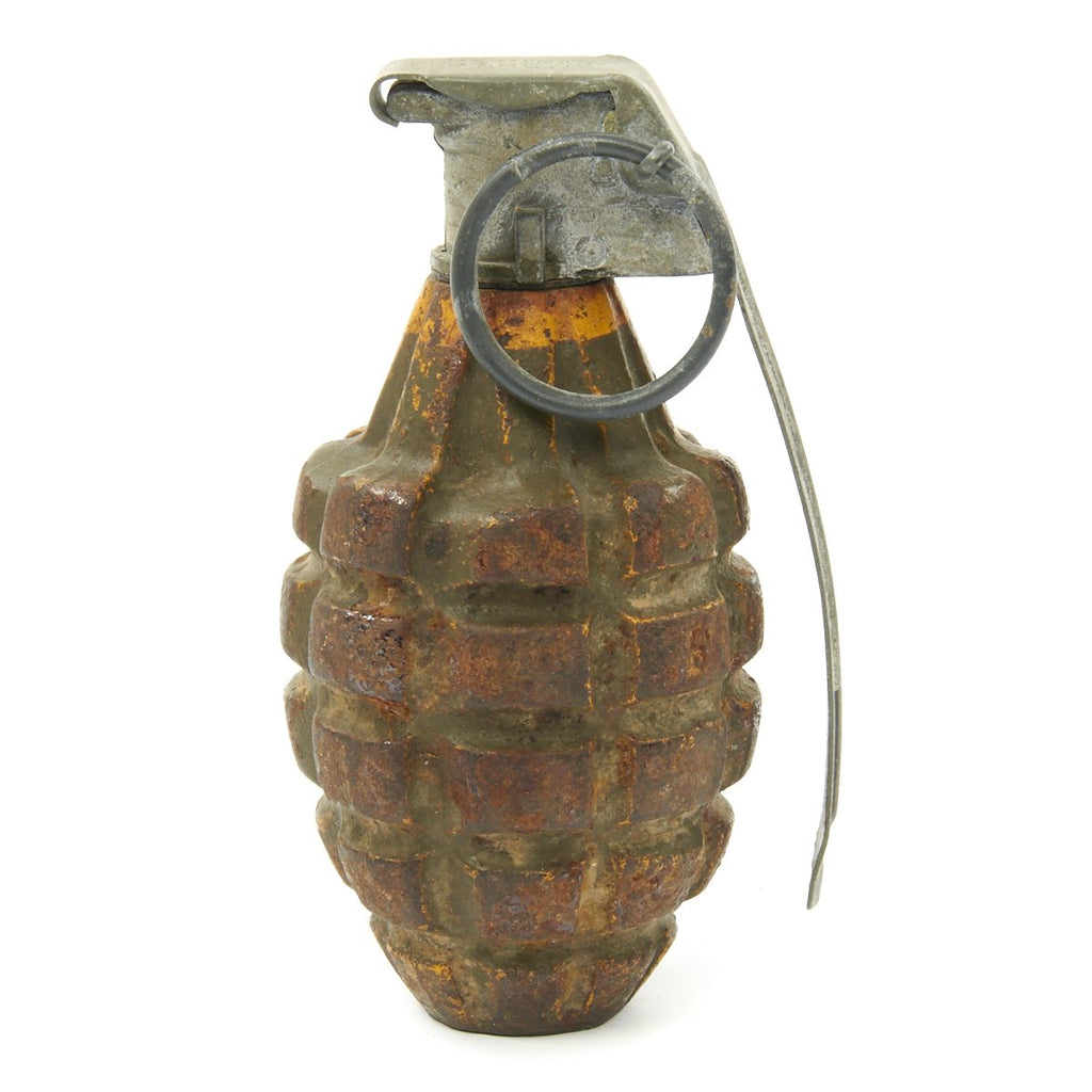 Original U.S. WWII MkII Green Overpainted Yellow Early War High Explosive Pineapple Inert Grenade Original Items