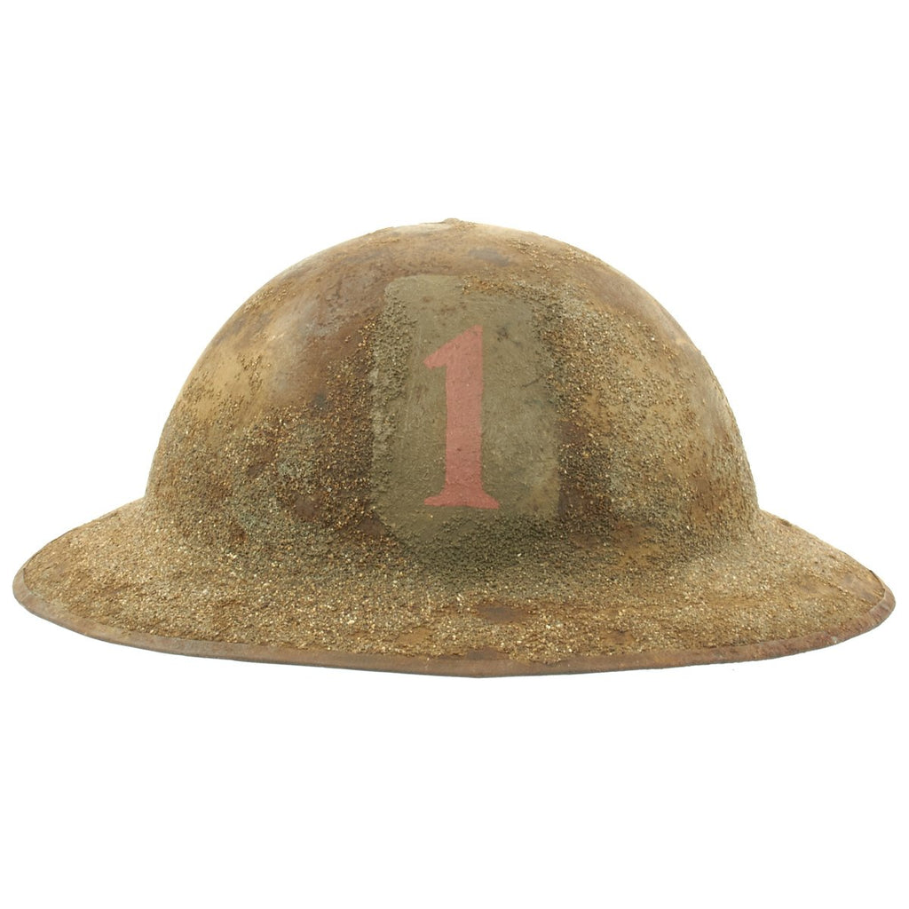 Original U.S. WWI M1917 1st Infantry Division Doughboy Helmet with Textured Paint - The Big Red One Original Items