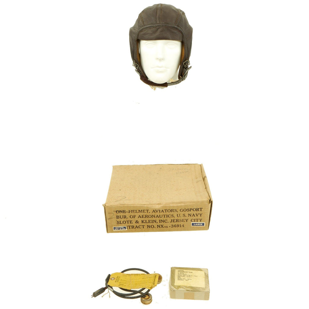 Original U.S. Navy WWII Leather Aviator Helmet Slote & Klein Contract NXSA-36914 NOS with Box, Headset and NOS Microphone in Box Original Items