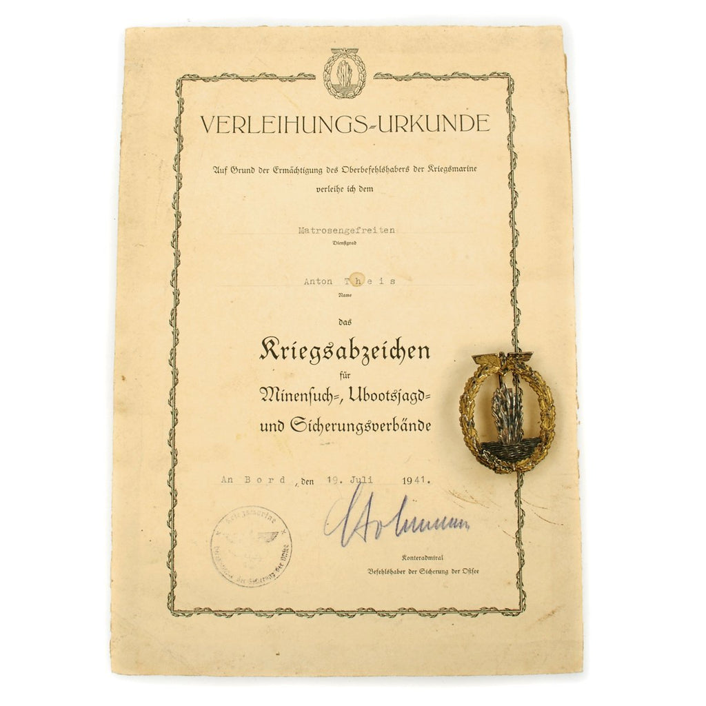 Original German WWII Kriegsmarine Minesweeper Badge with Named Award Document Original Items