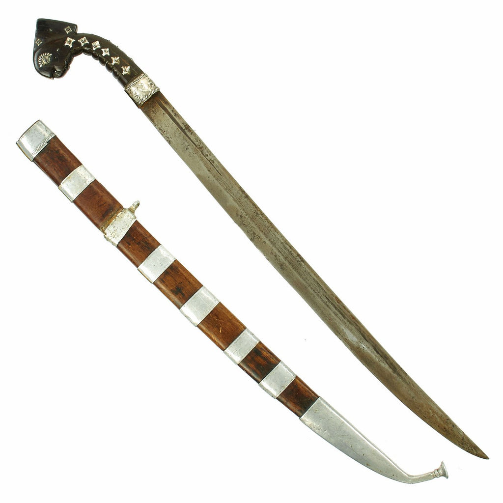 Original 19th Century Indonesian Golok Machete with Decorated Handle and Wooden Scabbard Original Items