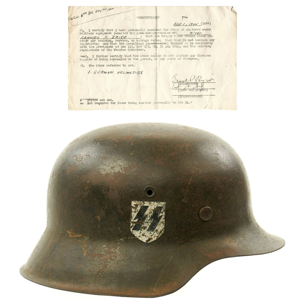 Original German WWII M42 SS Single Decal Helmet with Bring Back Certificate - Size 64 Original Items