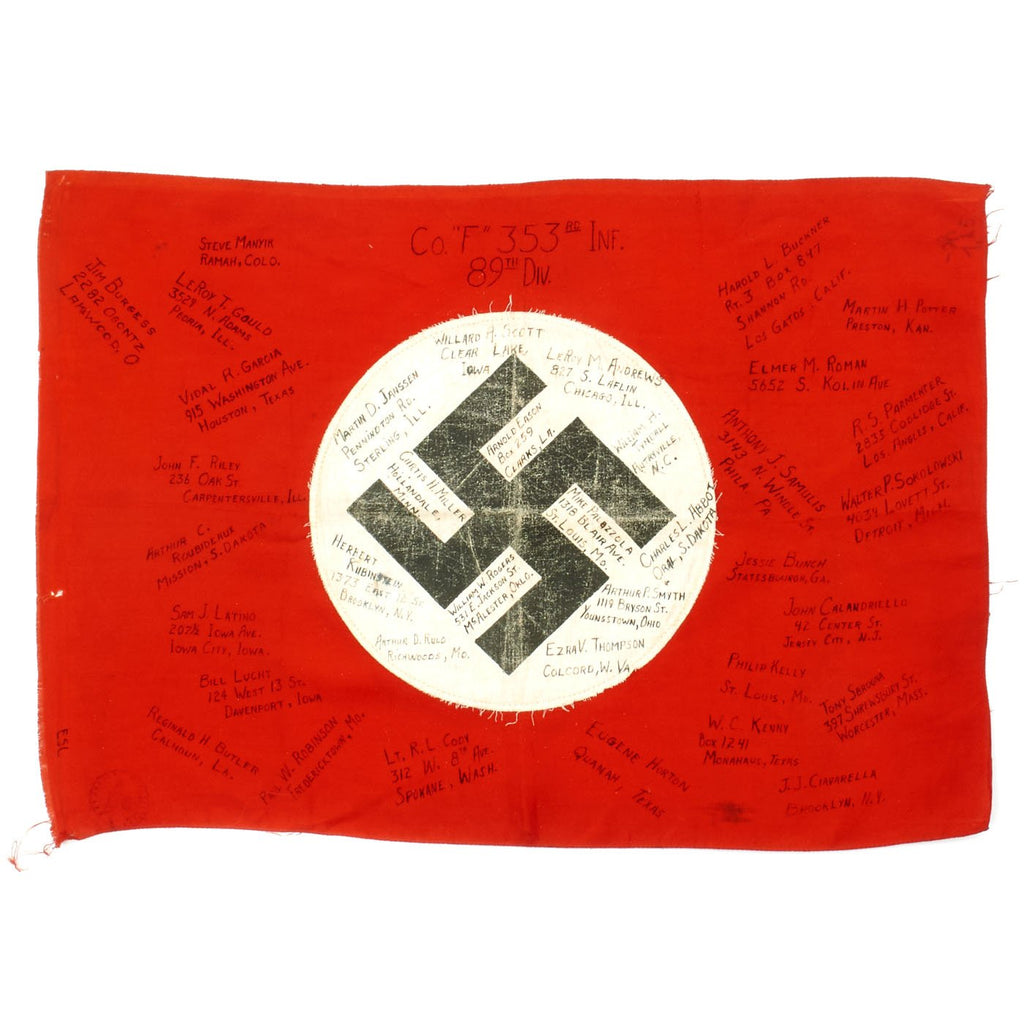 Original German WWII National Flag Signed by Company F, 353rd Infantry Regiment, 89th Division Original Items