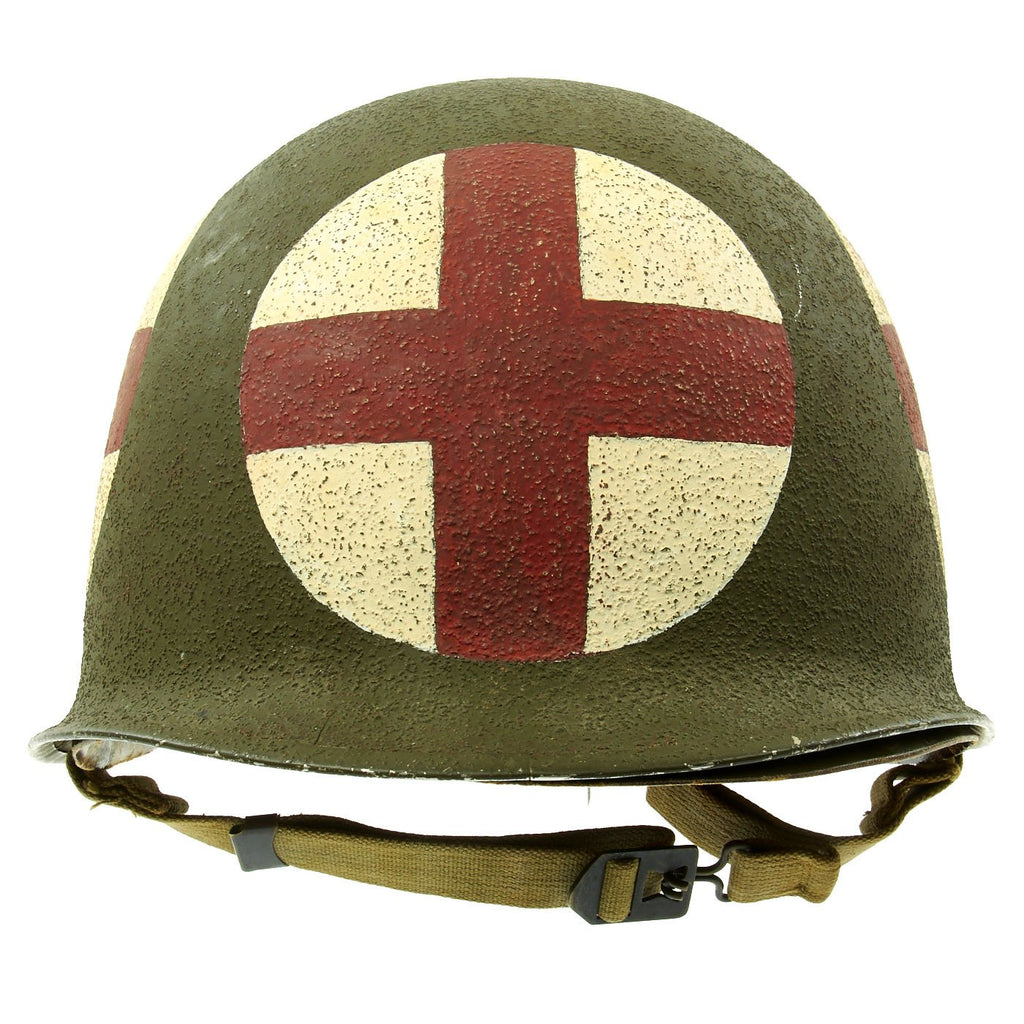 Original WWII U.S. Medic Schlueter Front Seam Fixed Bale M1 Helmet with Firestone Liner Original Items