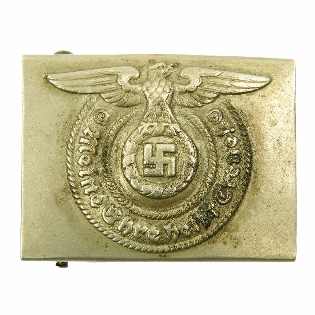 Original German WWII Early SS EM/NCO Nickel Belt Buckle by Overhoff & Cie - Schutzstaffel Original Items