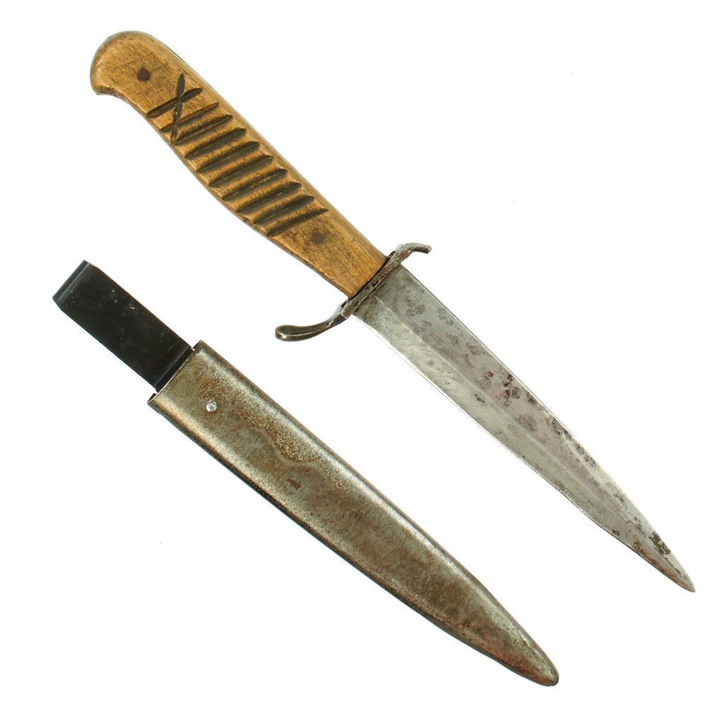 Original German WWII Ribbed Wood Handle Trench Fighting Knife with Steel Boot Scabbard Original Items