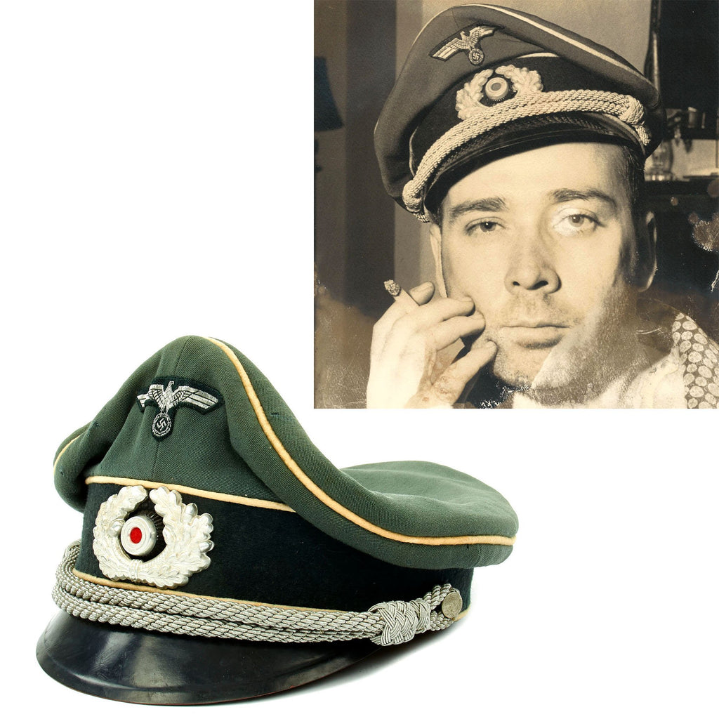 Original German WWII Army Heer Officer Visor Crush Cap by Schellenberg with Photo of USGI Wearing Hat Original Items