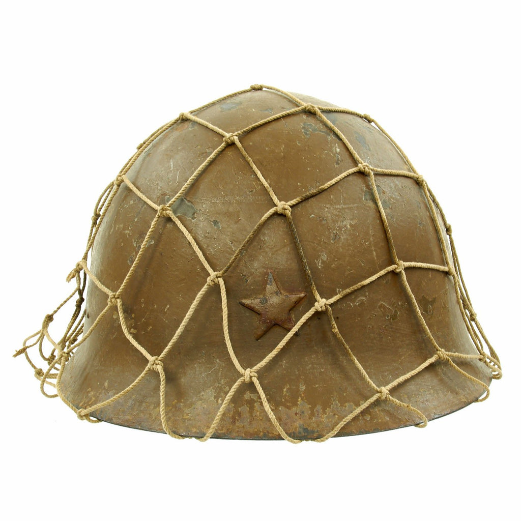 Original Japanese WWII Type 92 Army Combat Helmet with Liner, Chinstrap, and Netting - Tetsubo Original Items