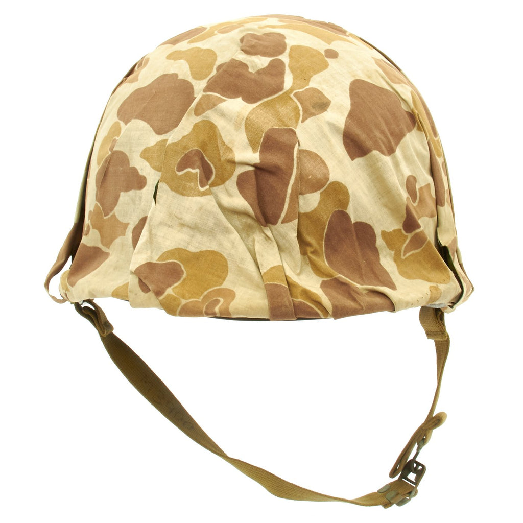 Original U.S. WWII 1943 M1 McCord Fixed Bale Helmet with USMC Camo Poncho Cover and Westinghouse Liner Original Items