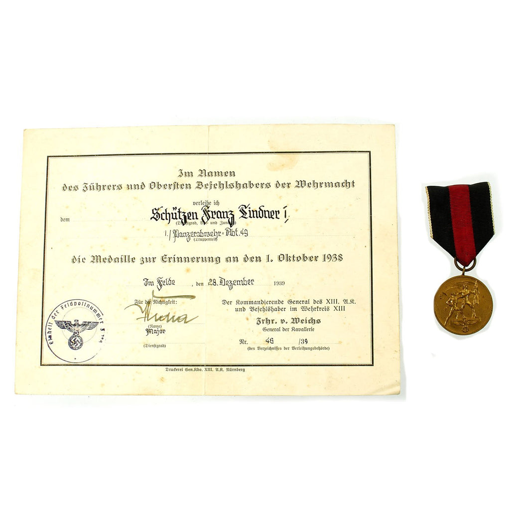Original German WWII 1 October 1938 Commemorative Sudetenland Medal with Named Award Document Original Items