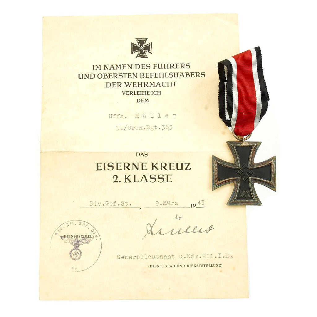 Original German WWII Grrenadier Regiment 365 Unteroffizier 2nd Class Iron Cross with Award Document Original Items