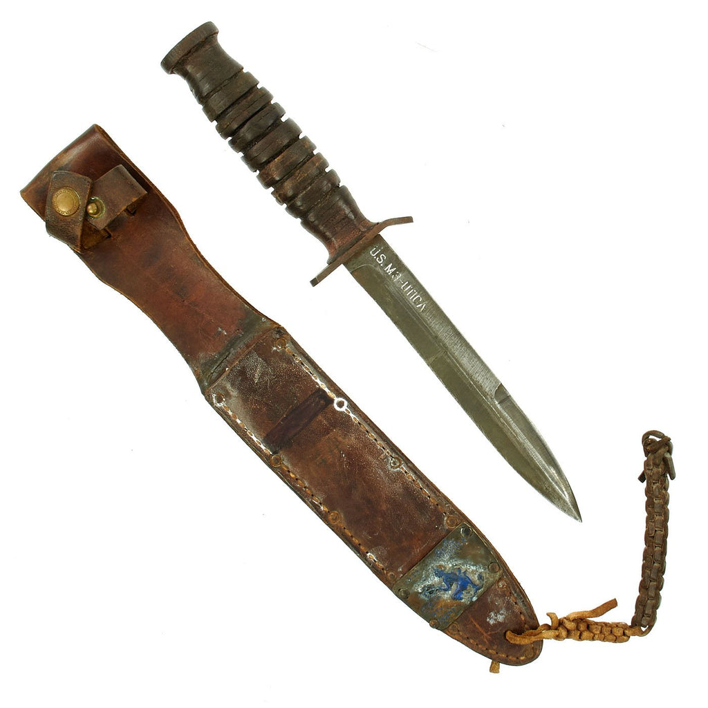 Original U.S. WWII 88th Infantry Division Blue Devils Named M3 Blade Marked Fighting Knife by Utica with M6 Leather Scabbard Original Items