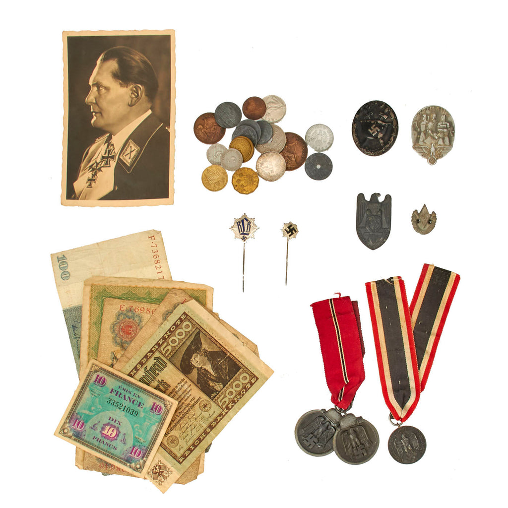 Original German WWI & WWII Medal, Insignia & Currency Grouping - 34 Items Original Items