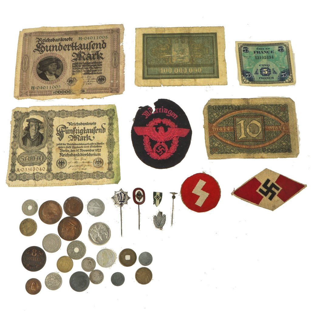 Original German WWII Bring Back Collection: Stick Pins, Tinnies, Insignia & Currency Original Items