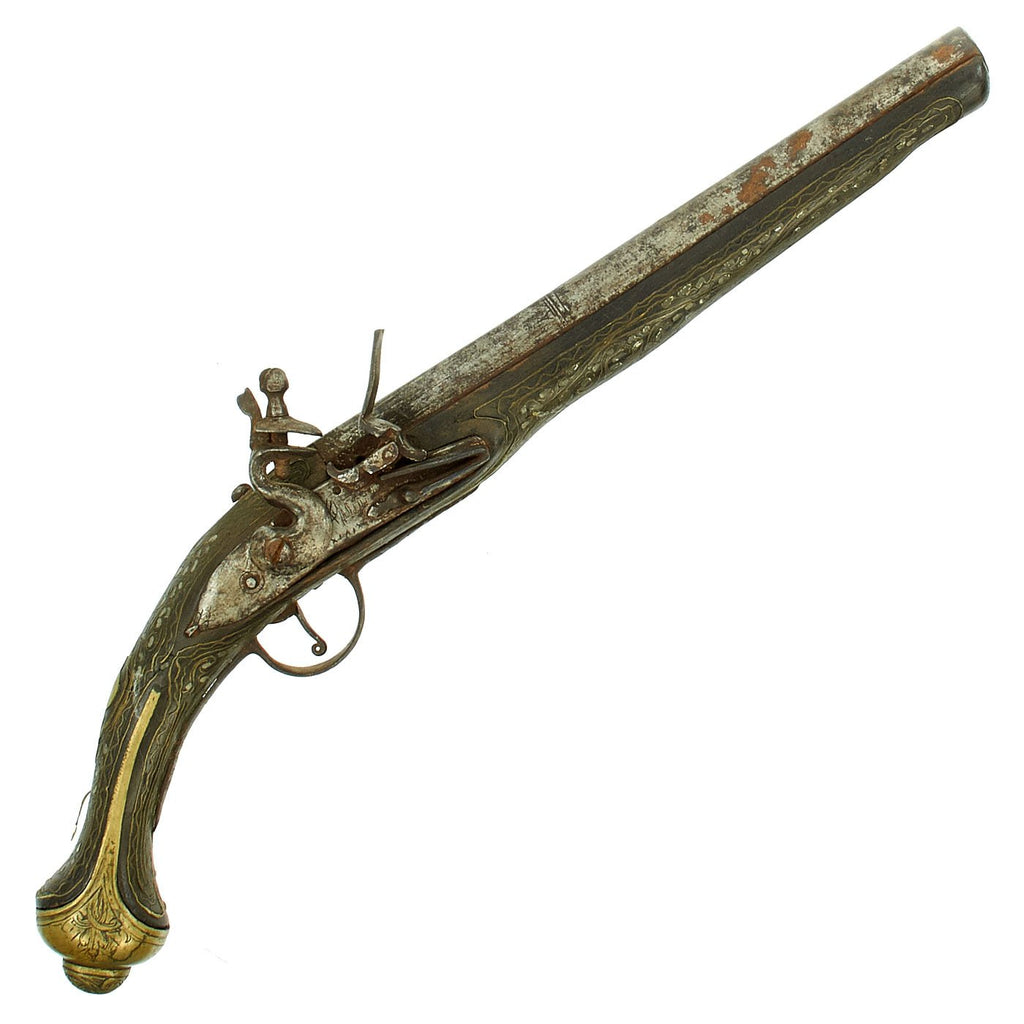 Original 19th Century Ottoman "Barbary Pirate" Silver and Brass Inlaid Flintlock Pistol - circa 1820 Original Items