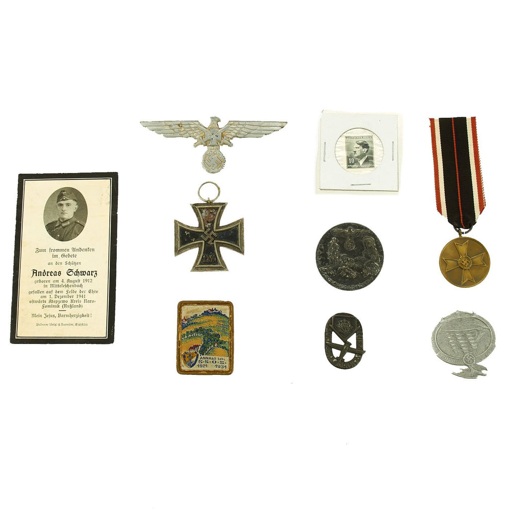 Original German WWII USGI Bring Back Grouping: Death Card, Medals, Tinnies & Stamp Original Items