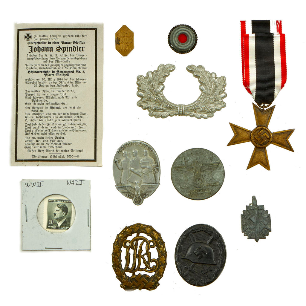 Original German WWII Medal and Insignia Lot Featuring Black Wound Badge and Sterbebild Death Card - 10 Items Original Items