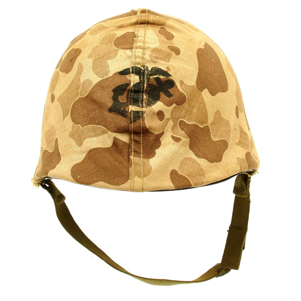 Original U.S. WWII M1 McCord Fixed Bale Helmet with USMC HBT Camouflage Cover and St. Clair Liner Original Items