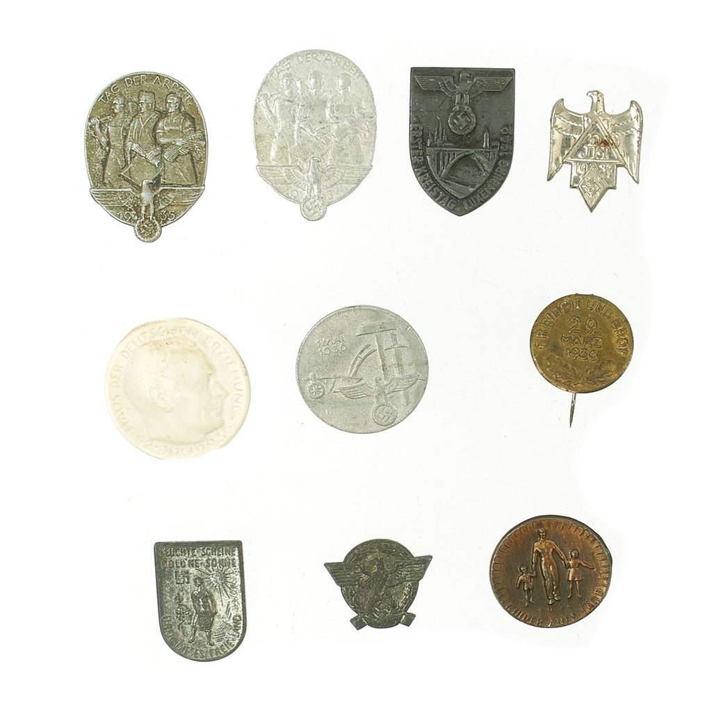 Original German WWII Tinnie Award Pin Collection - Set of 10 Original Items