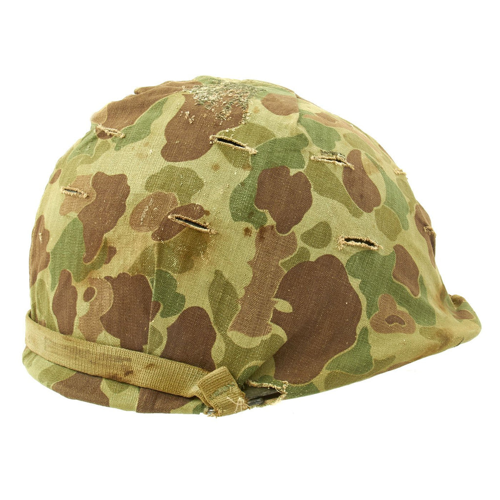 Original U.S. WWII / Korea 1945 USMC Named M1 McCord Rear Seam Helmet with HBT Camo Cover and Westinghouse Liner Original Items