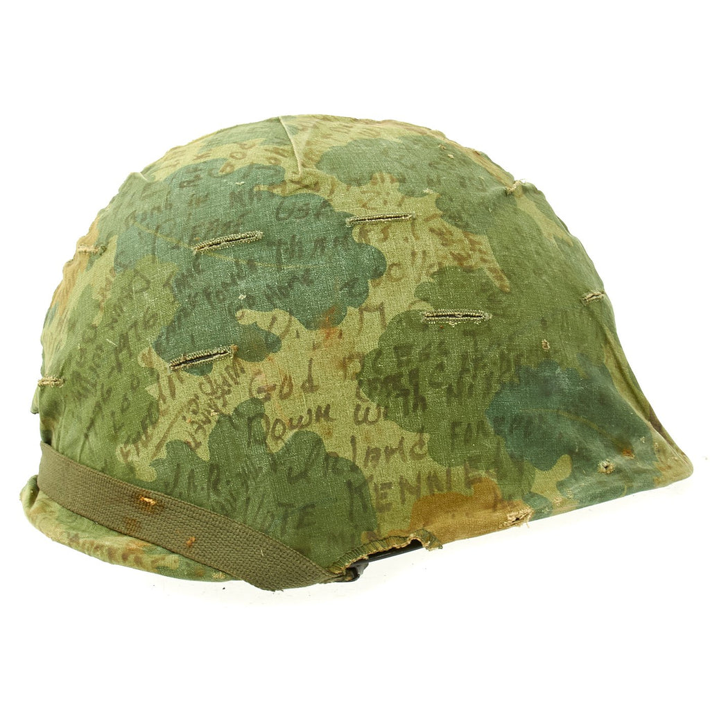 Original U.S. WWII Vietnam War M1 Signed Helmet with USMC Reversible Camouflage Cover Original Items