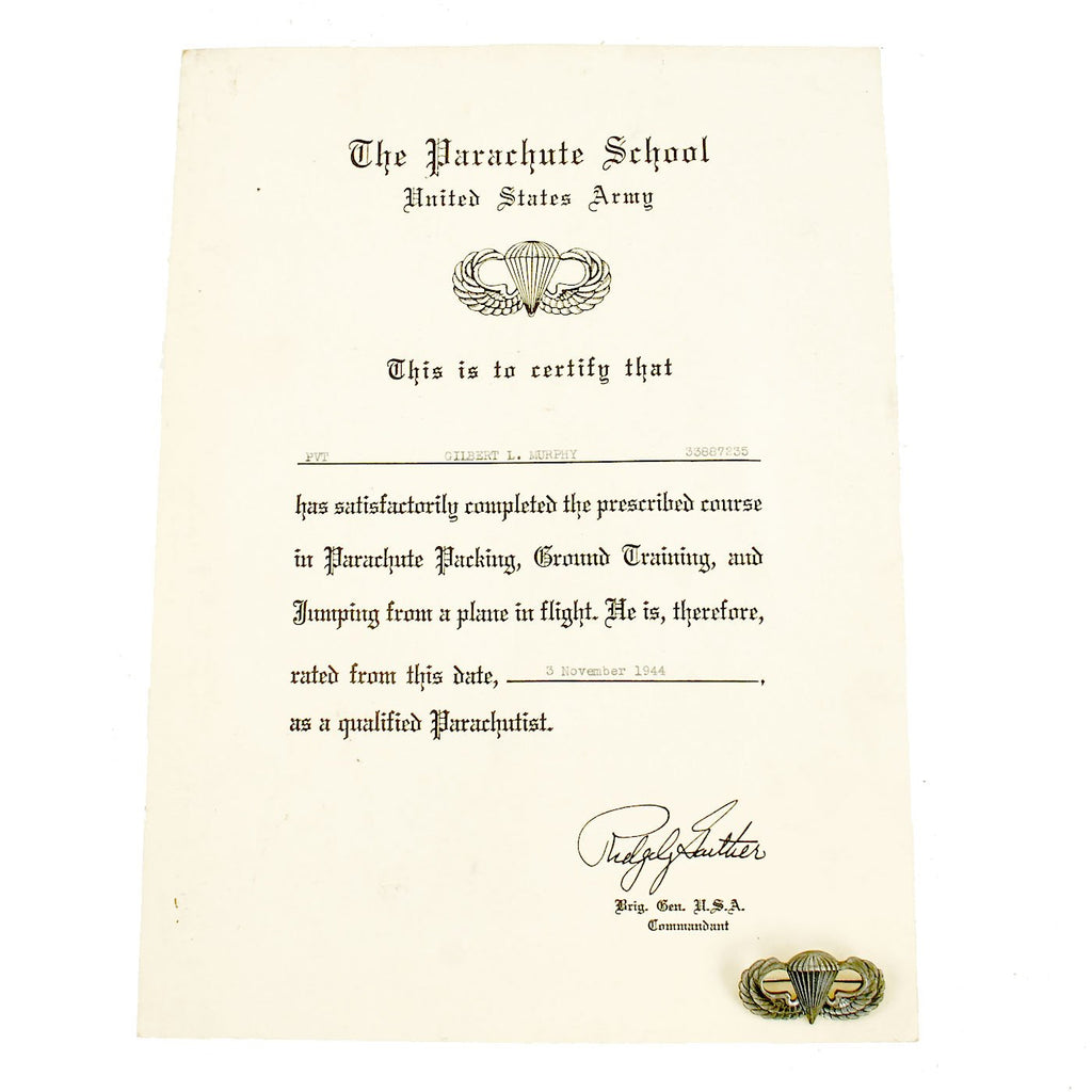 Original U.S. WWII 507th Parachute Infantry Regiment Named Parachute School Certificate and Jump Wings Original Items