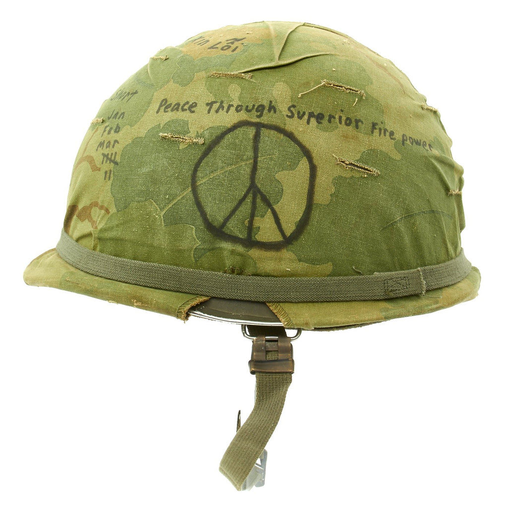 Original U.S. WWII Vietnam War M1 Peace Helmet with USMC Reversible Camouflage Cover Original Items