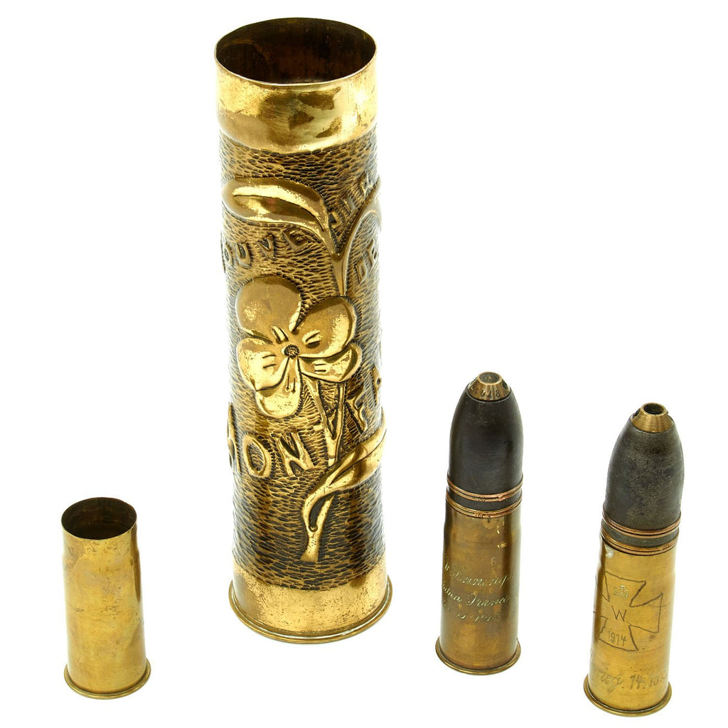 Original WWI Trench Art Engraved French Artillery Shells - German, French, English Original Items