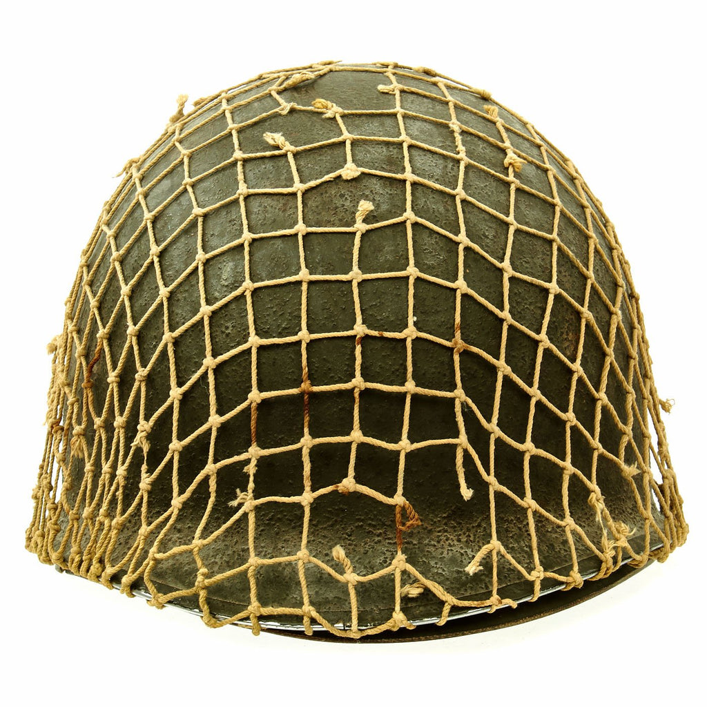 Original U.S. WWII 1941 M1 McCord Front Seam Fixed Bale Helmet with Net and Seaman Paper Co Liner Original Items
