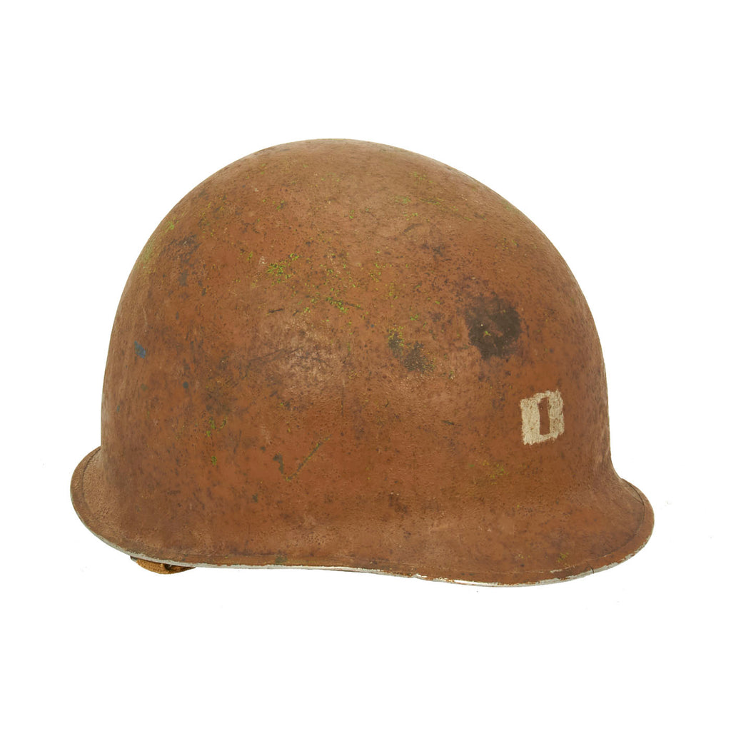 Original U.S. WWII Early 1942 M1 McCord Front Seam Fixed Bale Helmet With Painted Captain Bars and Rare Camouflage Paint Original Items