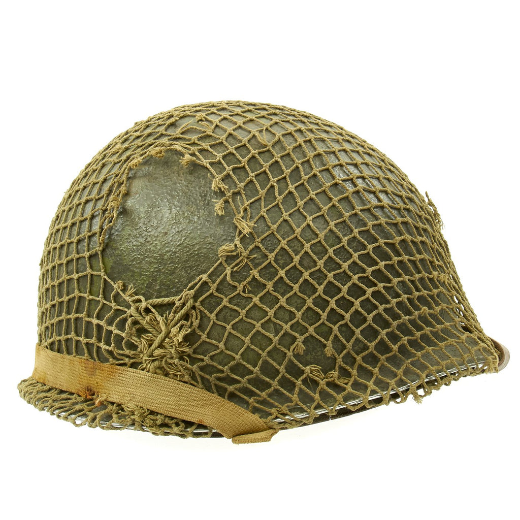 Original U.S. WWII 1943 M1 Schlueter Fixed Bale Helmet with Westinghouse Liner and Net Original Items