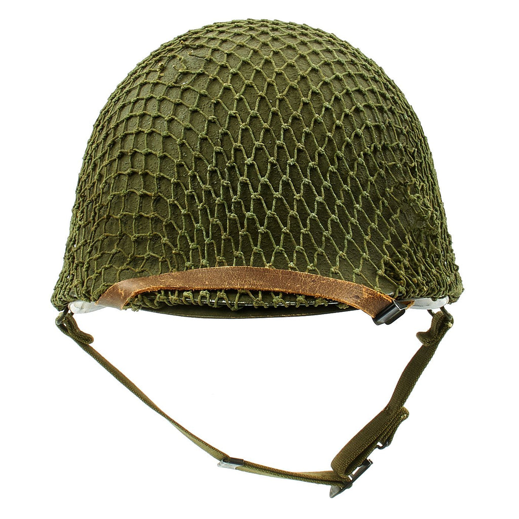 Original U.S. WWII M1 Schlueter Swivel Bale Front Seam Helmet with Westinghouse Liner and Net Original Items