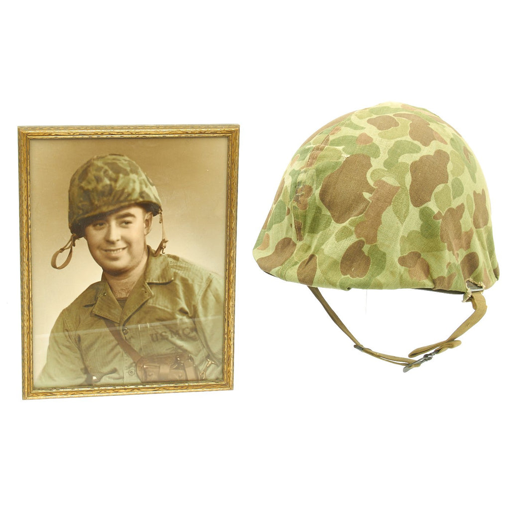 Original U.S. WWII USMC 1943 M1 McCord Front Seam Helmet with 2nd Pattern Cover and Portrait Original Items